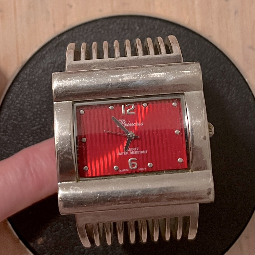 Princess vintage Cuff Watch red square face Steel needs battery/love by jeweler